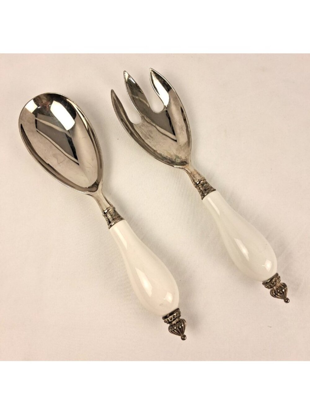 VTG GODINGER Silverplated White Porcelain Handle Spoon Fork Server Set 10.75" L - Picture 6 of 9